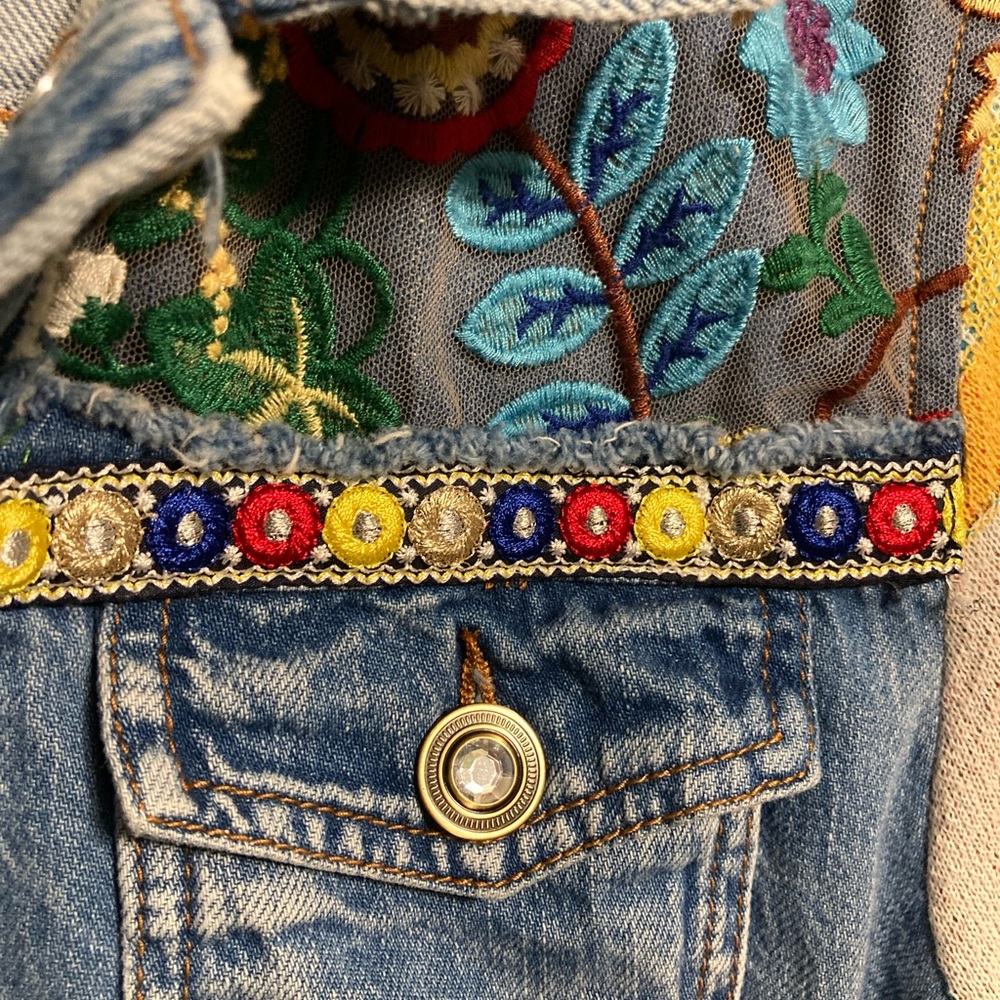 Desigual Blue Denim Overalls with Multicolor Embroidered Trim